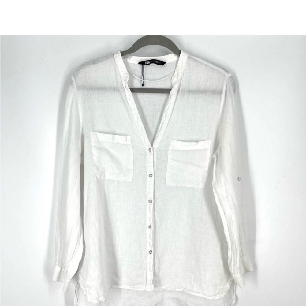 Zara White Linen V-Neck Blouse Large NWOT